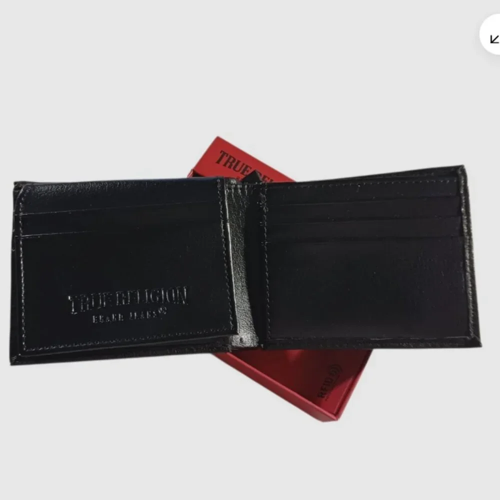 True Religion Mens Wallet Bifold Black Horseshoe Gold Logo Genuine Leather RFID
